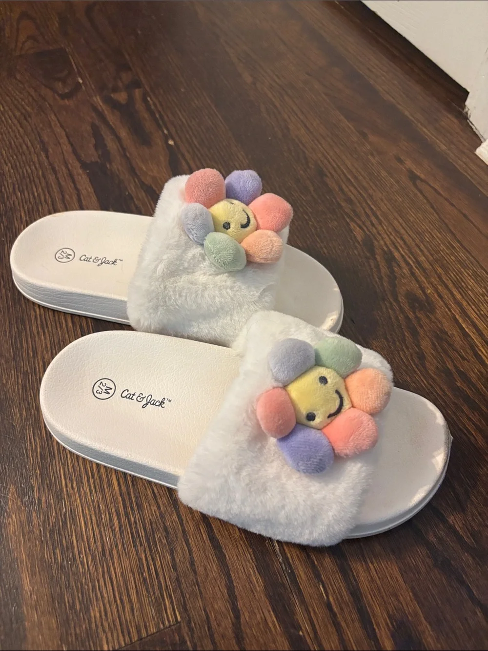 Cat & Jack White Plush Slide Sandals with Pastel Rainbow Flower